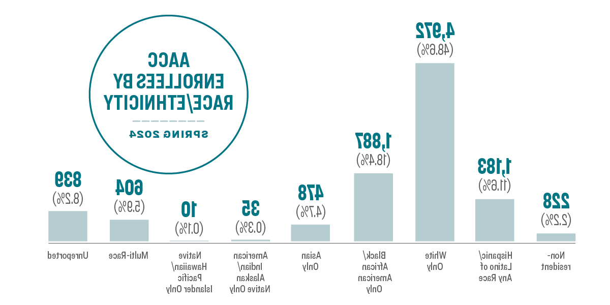 AACC按种族/民族报名2024年春季:非居民2.2%(228名学生)，西班牙裔/拉丁裔11人.6%(1183人)，白人48人.6%(4,972名学生)，黑人/非裔美国人18.4%(1187人)，亚洲4.7%(478名学生)，美国印第安人/阿拉斯加原住民0.3%(35名学生)，夏威夷原住民/太平洋岛民0.1%(10人)，多种族5人.9%(604人)，未报告8人.2%(839名学生).
